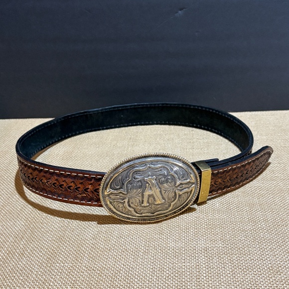 VTG Silver Plated? Western Belt Buckle on Brown Bonded leather Tooled Belt 34/36 - Picture 3 of 16